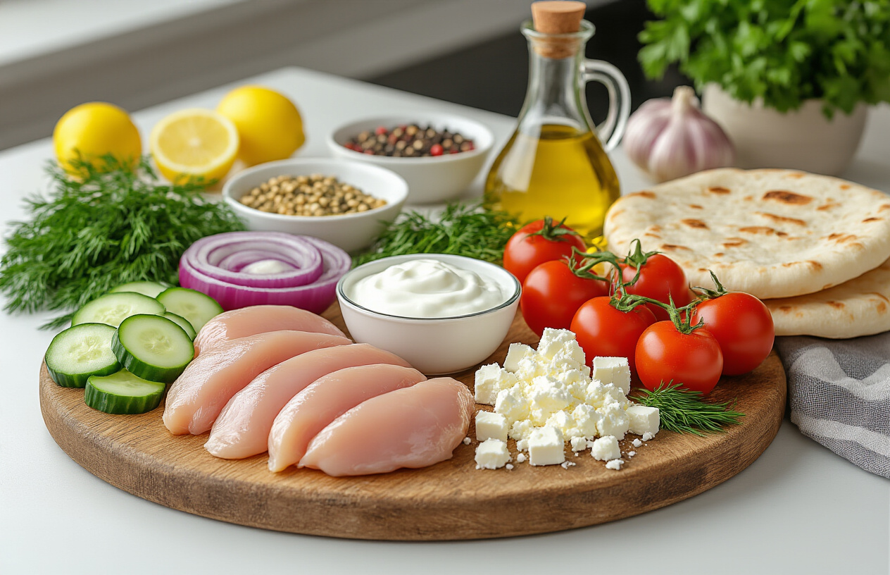 Create a realistic image of essential Greek gyro ingredients artfully arranged on a rustic wooden cutting board, featuring raw chicken breast, Greek yogurt in a small bowl, fresh cucumber slices, ripe tomatoes, red onion, garlic cloves, fresh dill and parsley herbs, crumbled feta cheese, olive oil in a glass bottle, lemon halves, pita bread, and Mediterranean spices in small bowls, all displayed against a clean white kitchen counter background with soft natural lighting from the side, Absolutely NO text should be in the scene.
