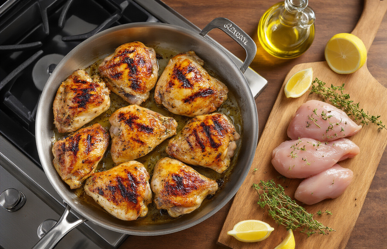 Create a realistic image of perfectly seasoned chicken pieces cooking on a stainless steel stovetop pan with golden-brown grill marks, surrounded by Mediterranean herbs like oregano and thyme, with a rustic wooden cutting board displaying raw marinated chicken alongside olive oil and lemon wedges, warm kitchen lighting creating an inviting culinary atmosphere, absolutely NO text should be in the scene.