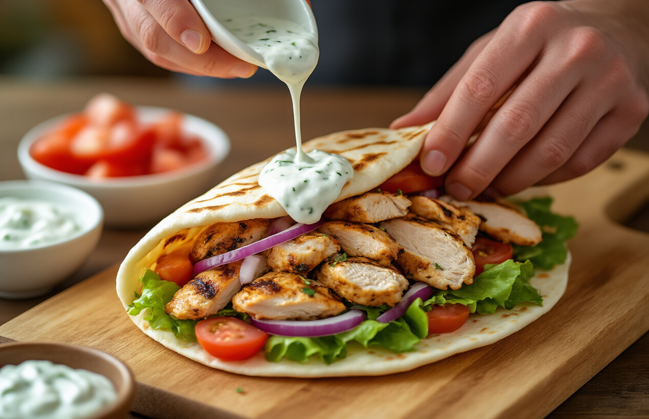 Create a realistic image of hands assembling a Greek chicken gyro on a wooden cutting board, showing warm pita bread being filled with seasoned grilled chicken pieces, fresh diced tomatoes, sliced red onions, crisp lettuce, and a generous dollop of white tzatziki sauce being drizzled on top, with small bowls of additional toppings and tzatziki visible in the background, warm kitchen lighting creating an appetizing and inviting atmosphere, absolutely NO text should be in the scene.