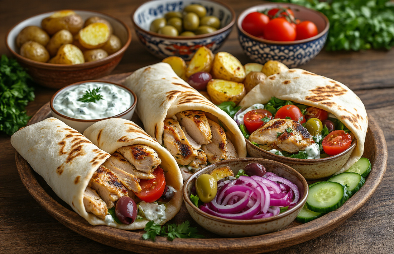 Create a realistic image of a beautifully arranged Mediterranean dining spread featuring Greek chicken gyros wrapped in warm pita bread alongside small bowls of creamy white tzatziki sauce, colorful Greek salad with tomatoes and olives, golden roasted potatoes with herbs, pickled red onions, and fresh cucumber slices, all artfully placed on a rustic wooden table with Mediterranean-style ceramic dishes, soft natural lighting creating an inviting and appetizing atmosphere, absolutely NO text should be in the scene.