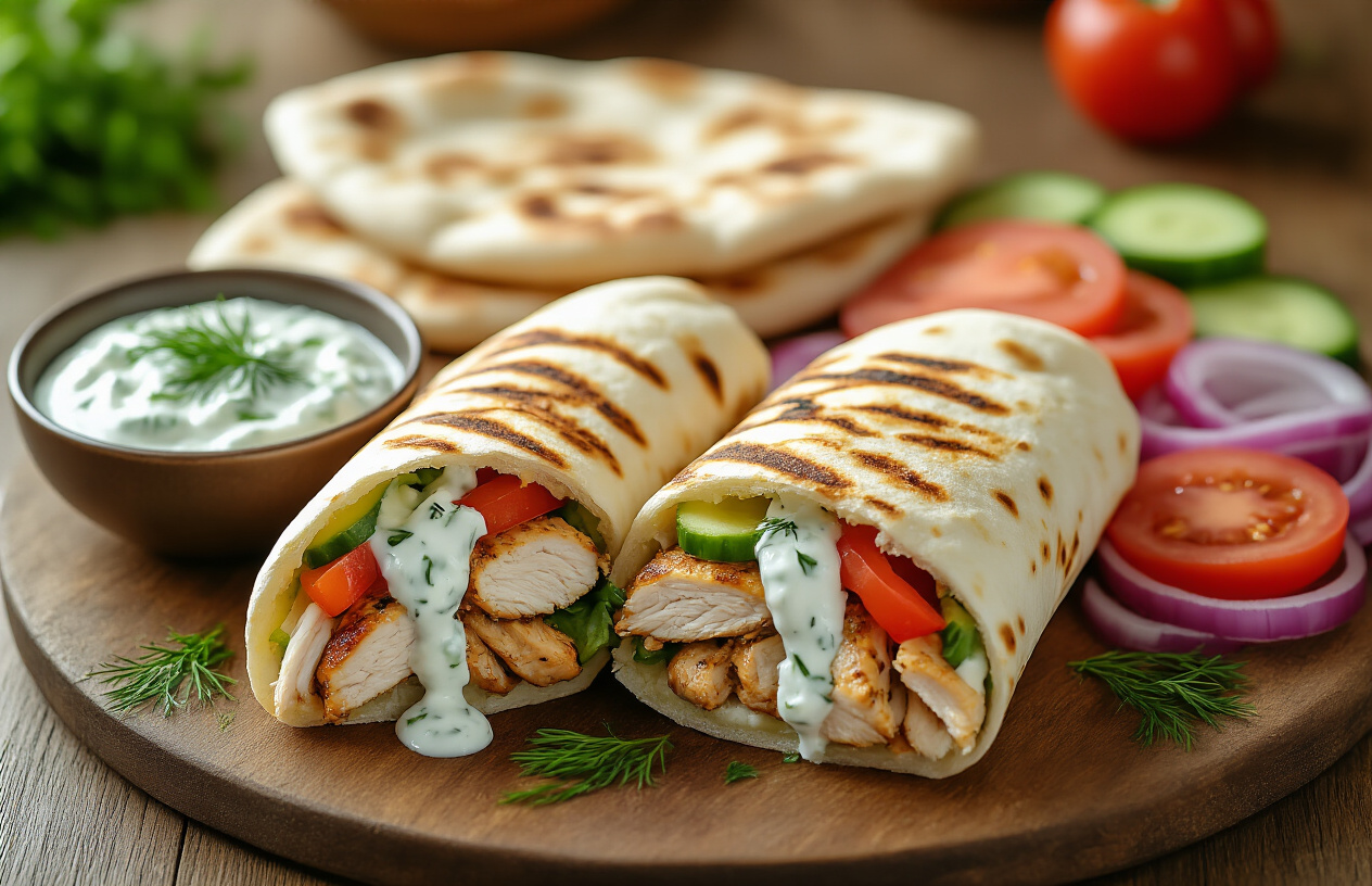 Create a realistic image of a rustic wooden table featuring a perfectly assembled Greek chicken gyro cut in half to show the tender seasoned chicken, fresh vegetables, and creamy white tzatziki sauce dripping slightly, alongside a small bowl of homemade tzatziki garnished with fresh dill, warm pita bread, sliced tomatoes, red onions, and cucumbers arranged artfully around the main dish, with soft natural lighting creating an appetizing and inviting atmosphere, shot from a slight overhead angle in a cozy kitchen setting with Mediterranean-inspired elements in the blurred background. Absolutely NO text should be in the scene.
