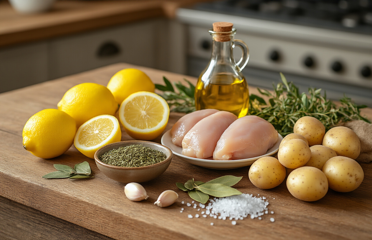 Create a realistic image of a rustic wooden kitchen counter displaying essential Greek cooking ingredients for lemon chicken, featuring fresh lemons cut in halves, olive oil in a glass bottle, dried oregano in a small bowl, fresh garlic cloves, raw chicken pieces, small potatoes, bay leaves, and Mediterranean sea salt arranged in an organized culinary preparation scene with warm natural lighting and a neutral kitchen background, absolutely NO text should be in the scene.