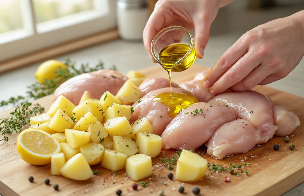 Create a realistic image of raw chicken pieces and cubed potatoes being prepared on a wooden cutting board, with olive oil being drizzled over them, fresh lemon wedges nearby, and hands seasoning the ingredients with herbs and spices, kitchen counter background with natural lighting from a window, warm and inviting cooking atmosphere, absolutely NO text should be in the scene.