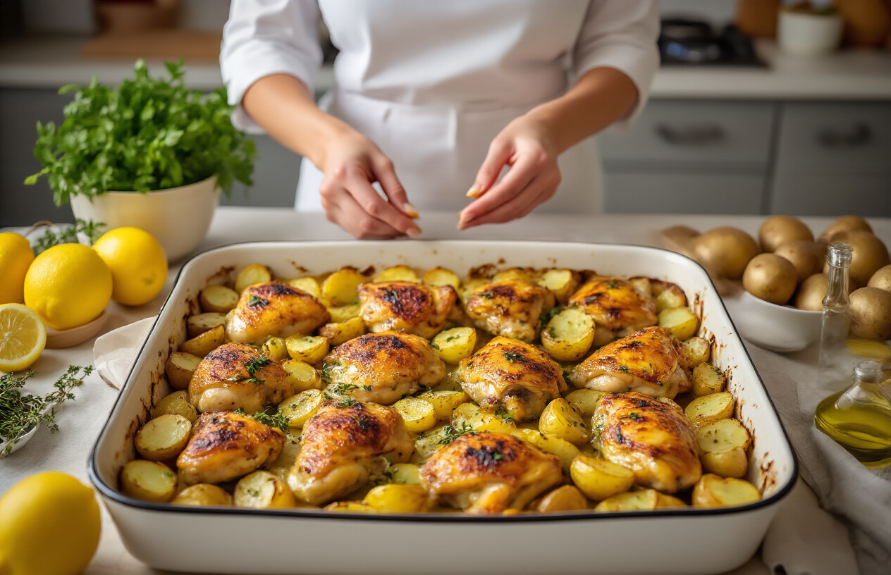 Create a realistic image of a step-by-step cooking process showing Greek lemon chicken bake preparation with golden-brown chicken pieces and roasted potatoes arranged in a baking dish, kitchen counter with ingredients like fresh lemons, olive oil, herbs, and garlic visible in the background, warm kitchen lighting creating an inviting culinary atmosphere, hands of a white female chef arranging the dish, professional kitchen setting with cooking utensils and preparation bowls, absolutely NO text should be in the scene.