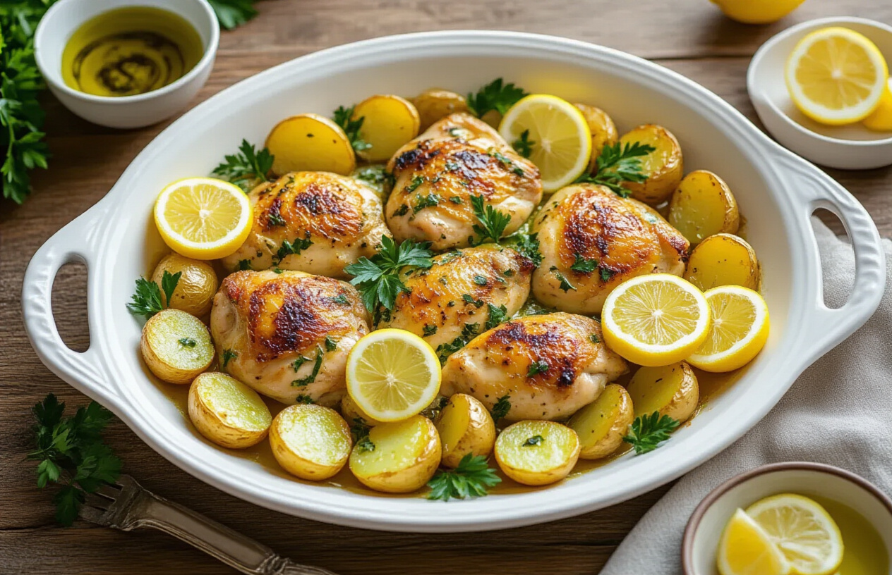 Create a realistic image of a beautifully plated Greek lemon chicken bake with golden potatoes arranged on an elegant white ceramic serving dish, garnished with fresh lemon slices, sprigs of oregano and parsley, with a small bowl of olive oil drizzle and lemon wedges on the side, set on a rustic wooden table with soft natural lighting highlighting the vibrant colors and textures of the dish, showing professional presentation techniques. Absolutely NO text should be in the scene.