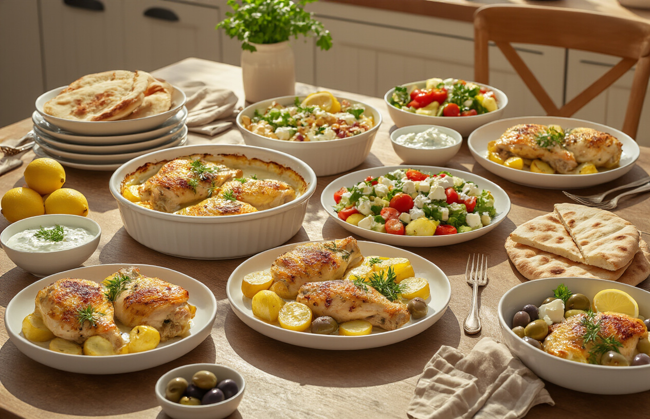 Create a realistic image of a beautifully arranged dining table showcasing multiple variations of Greek lemon chicken bake with potatoes served on white ceramic plates, including the main dish alongside complementary Greek sides like tzatziki sauce, Greek salad, pita bread, olives, and feta cheese, with some plates showing different serving portions and garnish options like fresh herbs and lemon wedges, set against a warm Mediterranean-style kitchen background with natural daylight streaming in, creating an inviting and appetizing atmosphere that demonstrates various ways to present and accompany the dish, absolutely NO text should be in the scene.