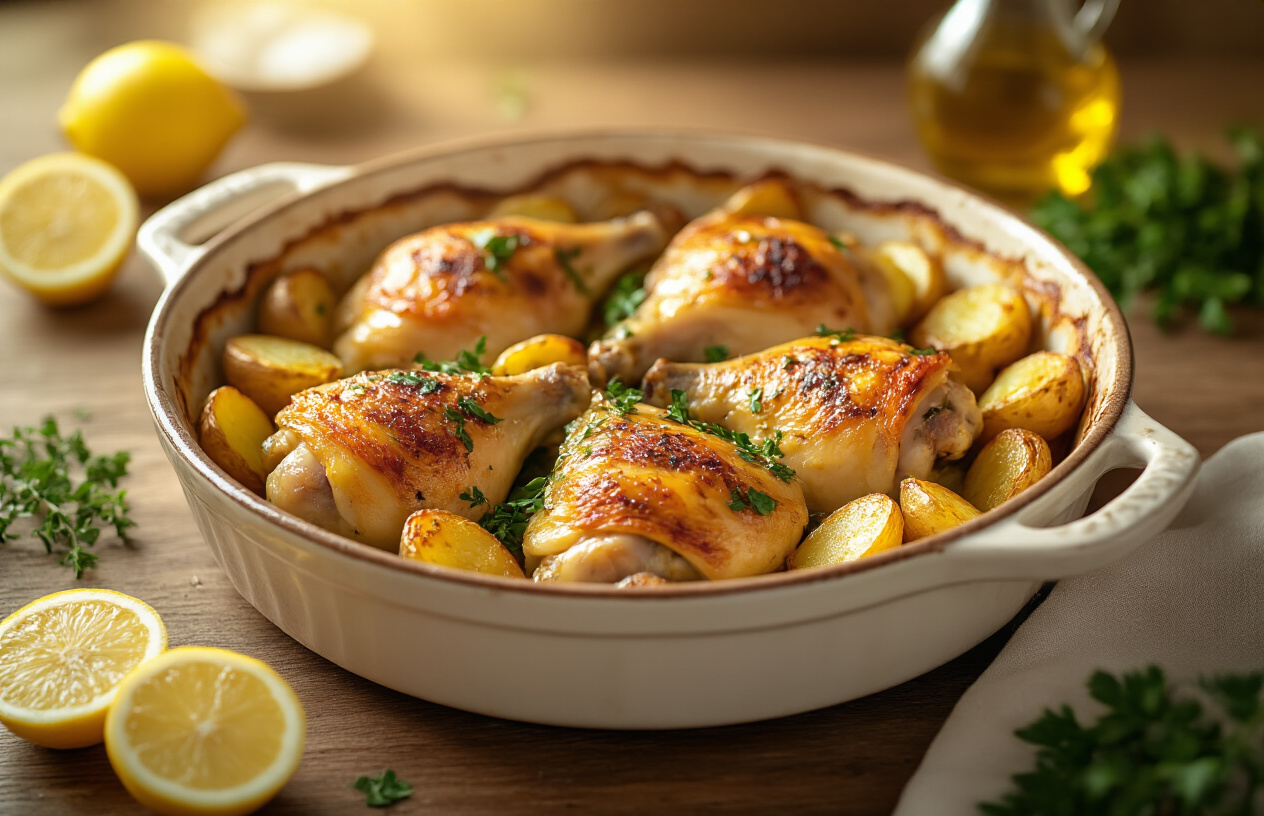 Create a realistic image of a beautifully arranged Greek lemon chicken bake with golden-brown roasted chicken pieces and crispy potatoes in a rustic ceramic baking dish, garnished with fresh herbs like oregano and parsley, with warm golden lighting creating an inviting and appetizing atmosphere, shot from a slightly elevated angle on a wooden kitchen table with some scattered lemon slices and olive oil bottles in the soft-focused background, conveying a sense of completion and satisfaction after a successful home-cooked meal, absolutely NO text should be in the scene.