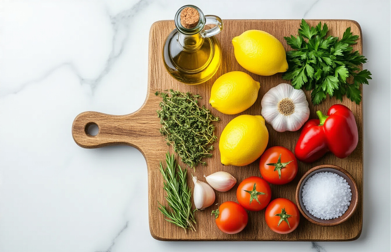 Create a realistic image of a rustic wooden cutting board displaying essential Greek cooking ingredients including fresh lemons, olive oil in a glass bottle, aromatic herbs like oregano and parsley, garlic cloves, red onions, colorful bell peppers, tomatoes, and a small bowl of coarse sea salt, all arranged in an organized flat lay composition against a clean white marble countertop background with soft natural lighting from above, absolutely NO text should be in the scene.