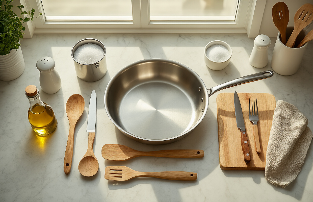 Create a realistic image of essential kitchen equipment and tools for one-pan cooking arranged on a clean marble countertop, featuring a large stainless steel skillet or wide shallow pan as the centerpiece, surrounded by wooden cooking utensils including a large spoon and spatula, a sharp chef's knife, cutting board, measuring cups, olive oil bottle, salt and pepper shakers, and a kitchen towel, all organized in a neat and functional layout with soft natural lighting from a nearby window creating gentle shadows, warm and inviting kitchen atmosphere with neutral tones, absolutely NO text should be in the scene.