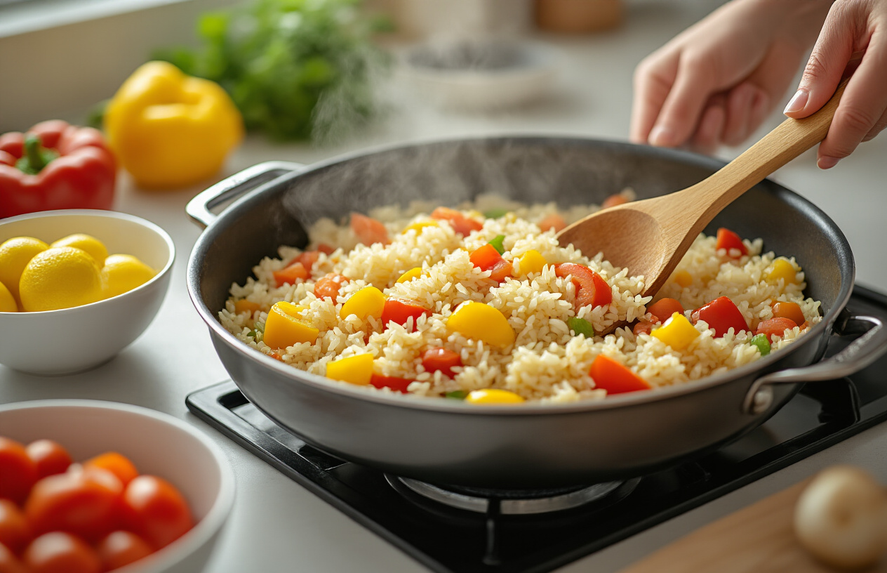 Create a realistic image of hands preparing Greek lemon rice with vegetables in a large pan, showing the cooking process with diced vegetables like bell peppers, onions, and tomatoes being stirred into golden rice, steam rising from the pan, wooden spoon in motion, ingredients bowls visible in the background on a clean kitchen counter, warm natural lighting from above, close-up perspective focusing on the cooking action, absolutely NO text should be in the scene.