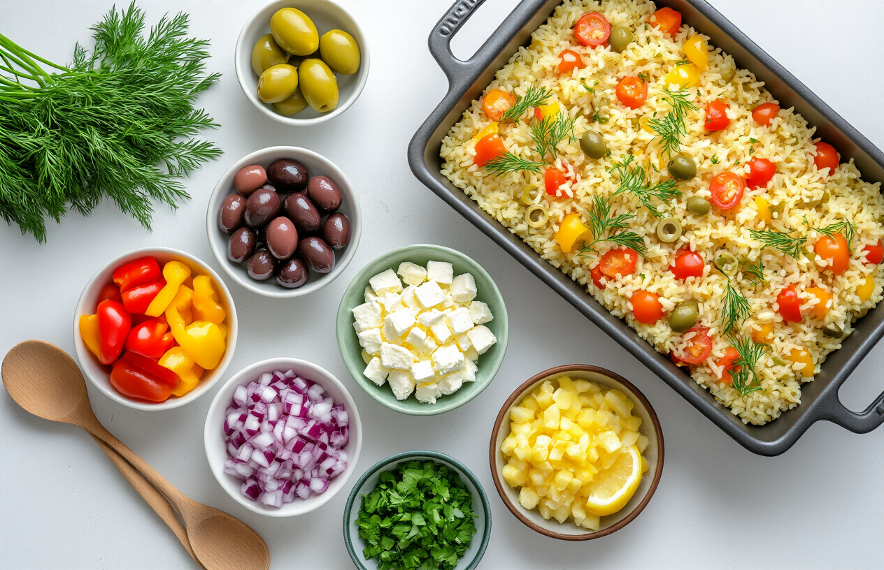 Create a realistic image of a kitchen counter with multiple shallow bowls containing different colorful ingredients for customizing Greek lemon rice - diced bell peppers, cherry tomatoes, crumbled feta cheese, olives, fresh herbs like dill and parsley, and chopped onions, with a large one-pan dish of golden lemon rice with vegetables in the background, wooden spoons for serving, and soft natural kitchen lighting, shot from above at a slight angle, Absolutely NO text should be in the scene.