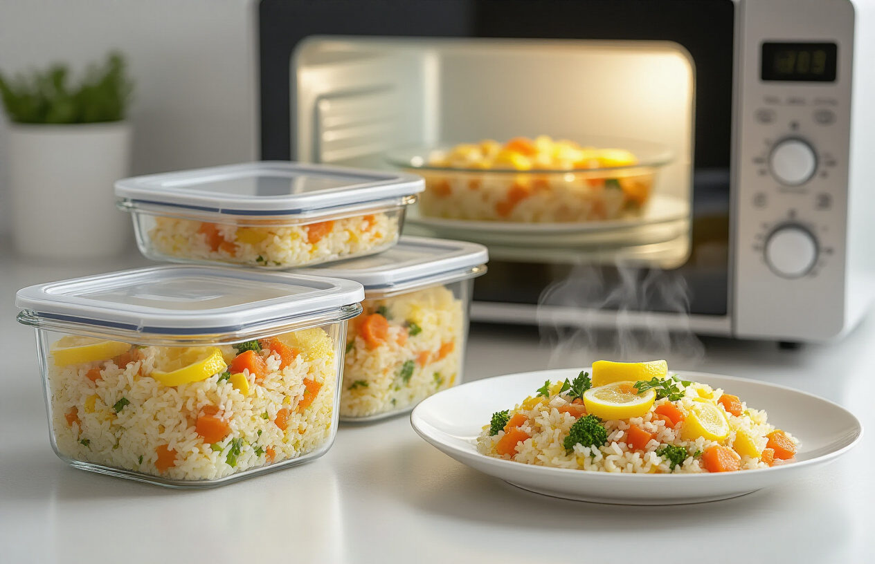 Create a realistic image of glass storage containers with tight-fitting lids containing colorful Greek lemon rice with vegetables, arranged on a clean kitchen counter next to a microwave with its door open, showing one container being reheated inside, with steam gently rising from a freshly warmed portion on a white plate, soft natural kitchen lighting creating a warm and inviting atmosphere, absolutely NO text should be in the scene.