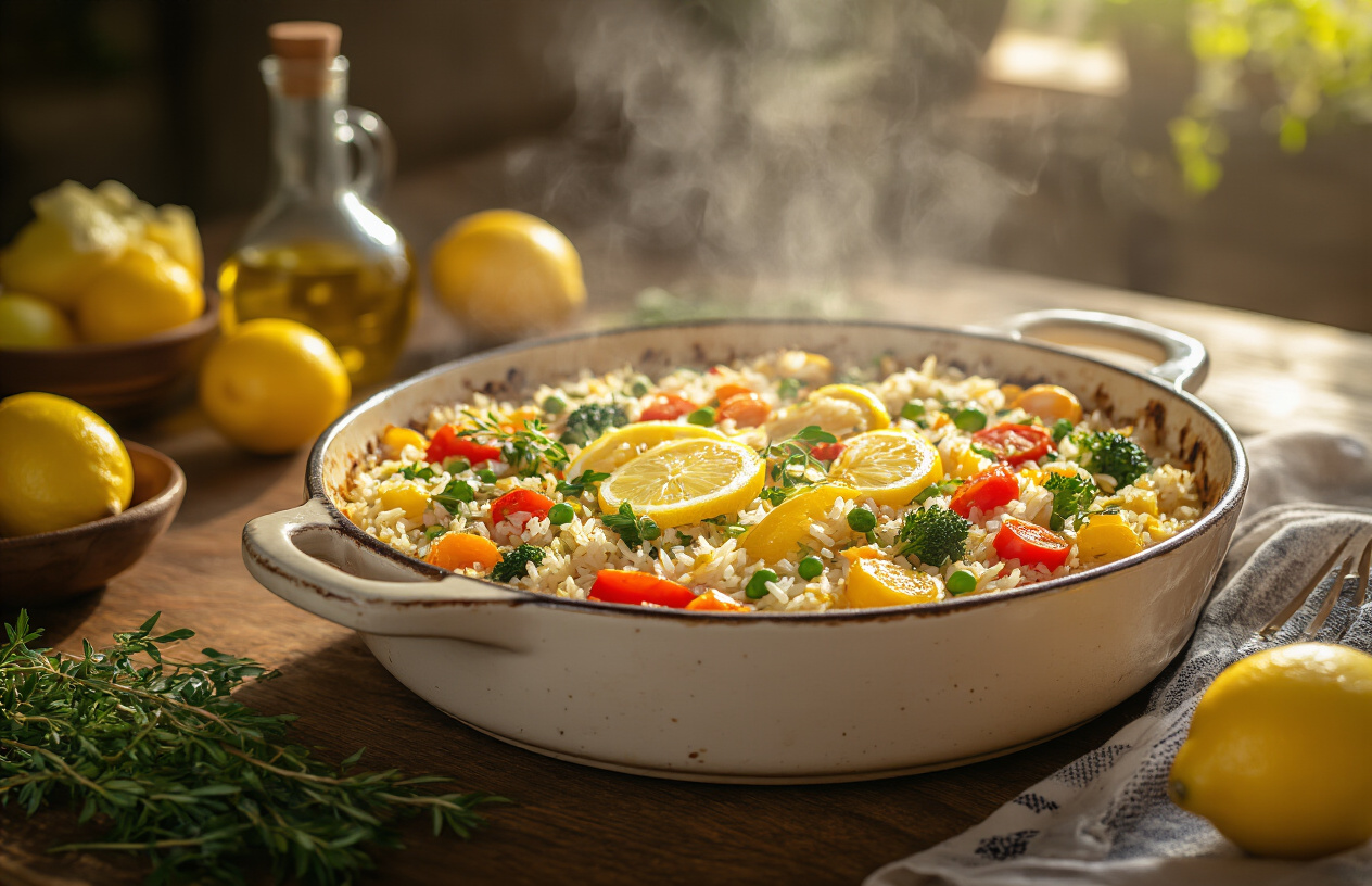 Create a realistic image of a beautifully presented one-pan Greek lemon rice dish with colorful vegetables in a rustic ceramic baking dish, placed on a wooden dining table with Mediterranean-style elements like olive oil, fresh lemons, and herbs scattered around, warm golden lighting creating an inviting and appetizing atmosphere that suggests a satisfying home-cooked meal, with steam gently rising from the dish to show it's freshly prepared, absolutely NO text should be in the scene.