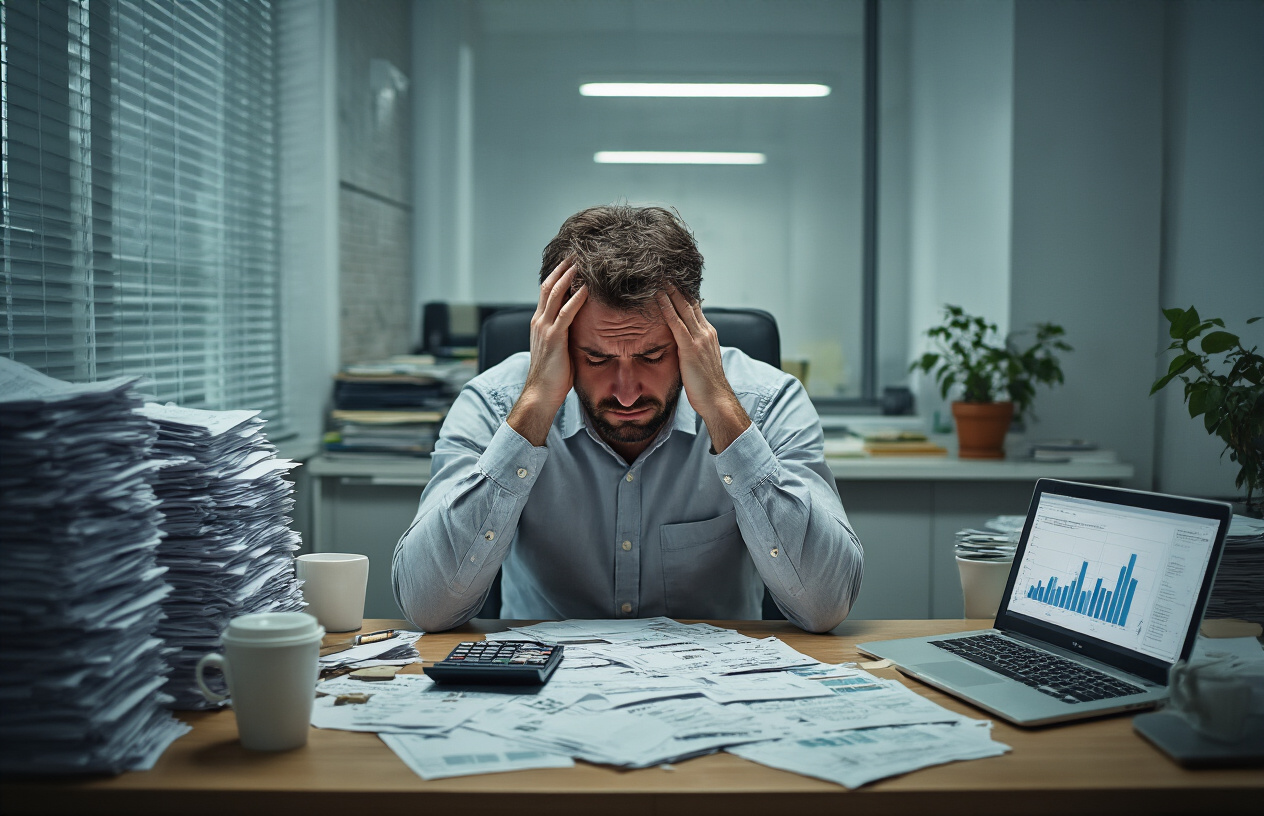 Create a realistic image of a stressed white male small business owner in his 40s sitting at a cluttered desk in a small office, surrounded by stacks of unpaid bills, invoices, and financial documents, with a calculator and laptop showing declining revenue charts, while holding his head in his hands in a gesture of financial overwhelm, the office has dim fluorescent lighting creating shadows that emphasize the somber mood, with empty coffee cups and a small plant wilting on the windowsill in the background, absolutely NO text should be in the scene.