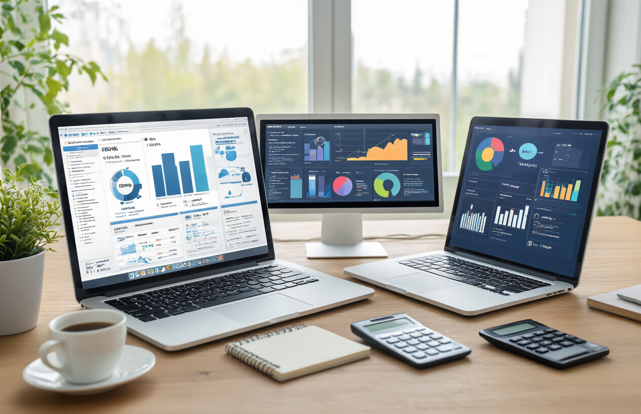 Create a realistic image of a modern office desk setup showing various user-friendly AI tools displayed on multiple screens, including a laptop showing a drag-and-drop interface, a tablet with colorful dashboard analytics, and a smartphone with a simple chatbot conversation, surrounded by small business items like coffee cup, notebook, and calculator, with soft natural lighting from a window creating a productive and accessible technology atmosphere, absolutely NO text should be in the scene.