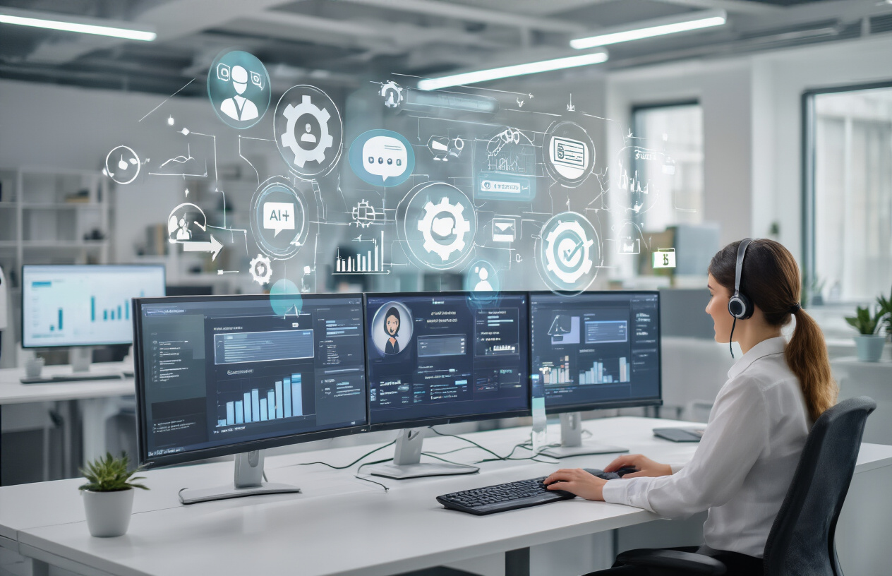 Create a realistic image of a modern small business office setting with a sleek customer service workstation featuring multiple computer monitors displaying AI chatbot interfaces and customer conversation dashboards, with floating holographic icons representing automation symbols like gears, chat bubbles, and cost reduction arrows, a professional white female customer service representative at the desk looking satisfied while monitoring the automated systems, clean contemporary office lighting with a bright and efficient atmosphere, and digital elements suggesting cost savings and efficiency improvements, absolutely NO text should be in the scene.