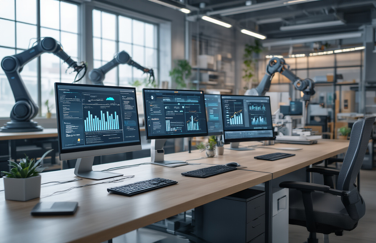 Create a realistic image of a modern small business office with sleek computers displaying automated workflow diagrams and process charts on screens, robotic arms or automated machinery in the background performing repetitive tasks, a clean organized workspace with digital dashboards showing efficiency metrics, warm professional lighting creating a productive atmosphere, conveying innovation and streamlined operations through technology integration, absolutely NO text should be in the scene.