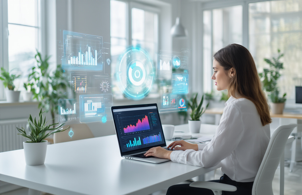 Create a realistic image of a modern small business office setting with a white female marketing professional sitting at a clean desk working on a laptop displaying colorful data analytics dashboards and targeting charts, with floating holographic-style AI icons and digital targeting symbols around her, bright natural lighting from large windows, minimalist contemporary office background with plants and modern furniture, professional and innovative atmosphere showing cost-effective digital marketing technology in action, absolutely NO text should be in the scene.