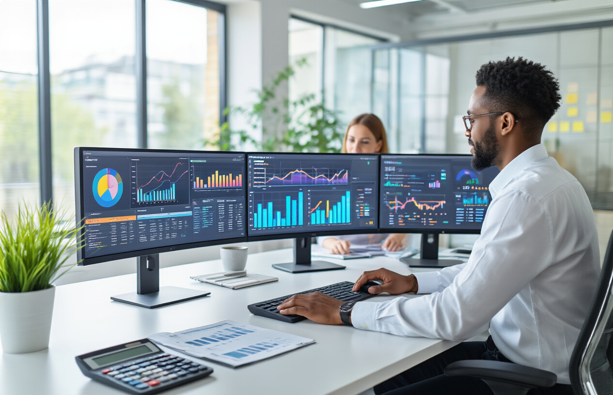 Create a realistic image of a modern small business office setting with a diverse group including a white female business owner and a black male accountant working together at a sleek desk with dual computer monitors displaying colorful financial dashboards, charts, and AI analytics interfaces, surrounded by a clean contemporary workspace with glass walls, natural lighting from large windows, calculator and financial documents on the desk, with a professional yet innovative atmosphere showing cost reduction graphs and automated financial tools on the screens, absolutely NO text should be in the scene.