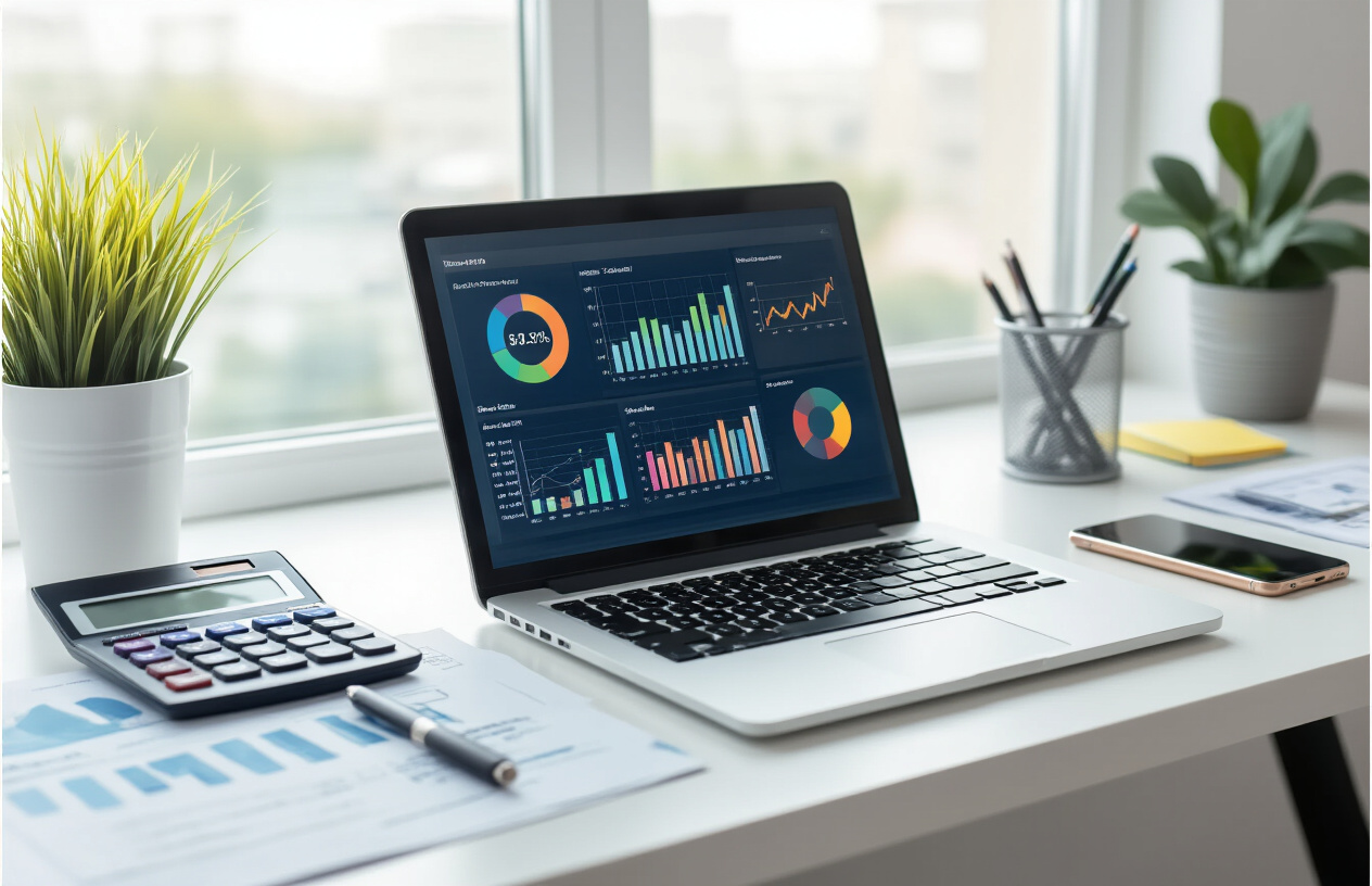 Create a realistic image of a modern office desk with a laptop computer displaying colorful analytics dashboards and ROI graphs, surrounded by business documents, a calculator, and a smartphone, with a clean white background and bright natural lighting from a window, showing a professional workspace setup for small business implementation planning, absolutely NO text should be in the scene.