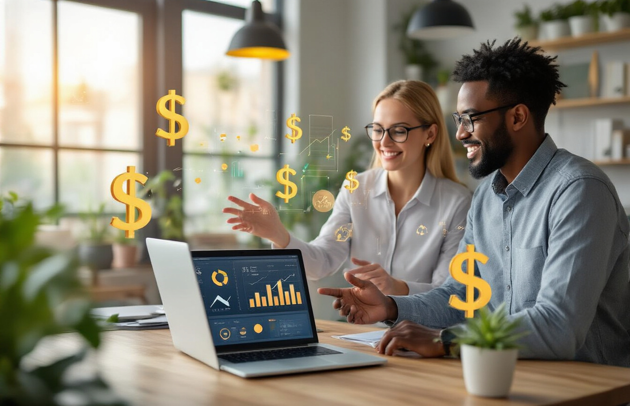 Create a realistic image of a modern small business office with a diverse team including a white female entrepreneur and a black male business partner celebrating cost savings while looking at a laptop screen showing AI dashboard analytics, with floating holographic dollar signs and downward trending arrows representing reduced costs, warm natural lighting from large windows, clean contemporary workspace with plants and modern furniture, atmosphere of success and innovation, Absolutely NO text should be in the scene.