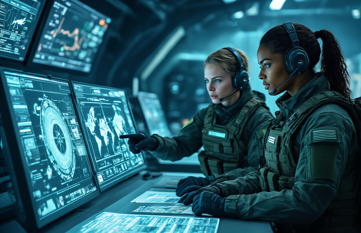 Create a realistic image of two diverse military operatives in tactical gear coordinating strategy in a high-tech command center, one white male and one black female soldier wearing futuristic combat suits with headsets, pointing at holographic mission displays and tactical screens showing mission objectives, surrounded by advanced military equipment and monitors displaying battlefield data, dark atmospheric lighting with blue and green screen glows, conveying teamwork and strategic planning in a covert operations setting, absolutely NO text should be in the scene.