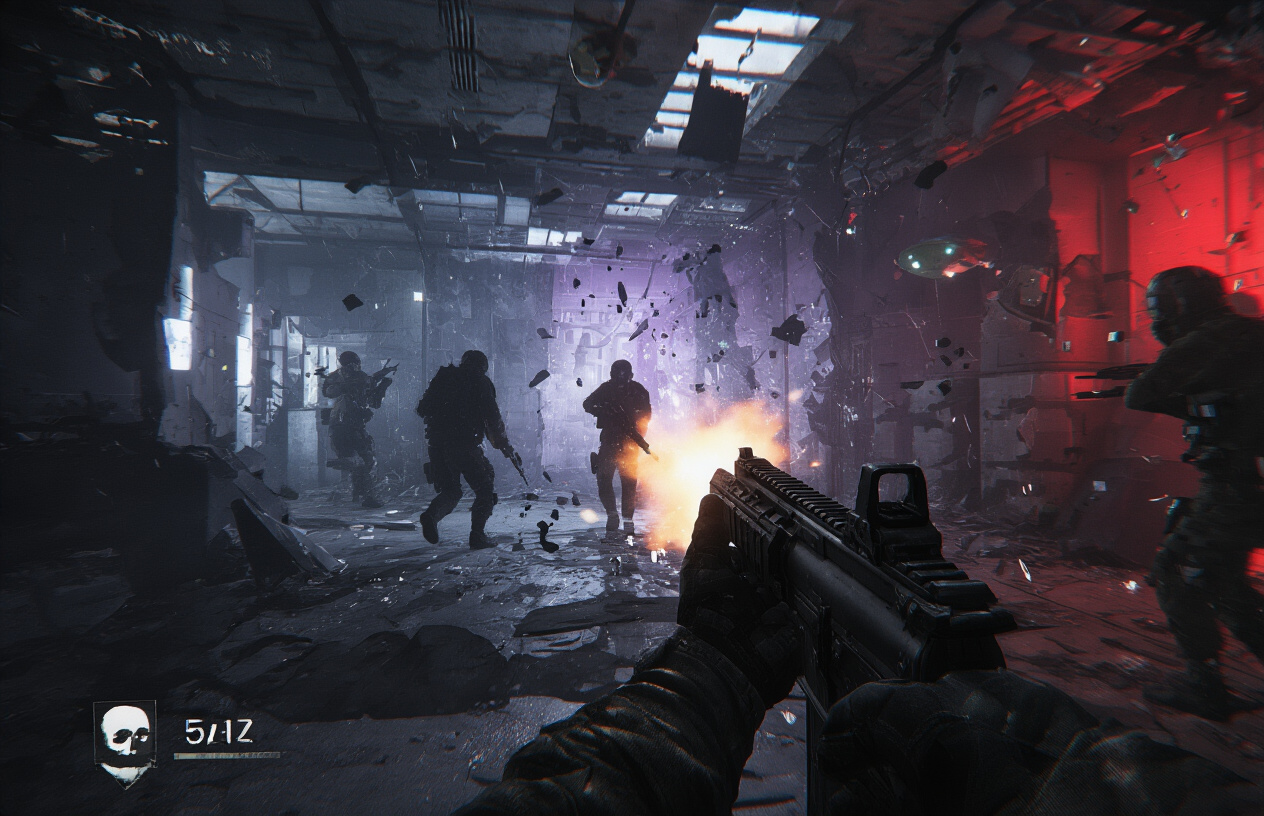 Create a realistic image of a first-person perspective view showing a dark, distorted military environment with flickering lights, shadowy figures that appear and disappear, fragmented reality with broken walls and floating debris, a soldier's hands holding a futuristic weapon in the foreground, eerie purple and red lighting creating an unsettling atmosphere, with visual glitches and digital artifacts scattered throughout the scene to represent psychological warfare and mind manipulation, set in a futuristic military compound with metallic surfaces and high-tech equipment, absolutely NO text should be in the scene.