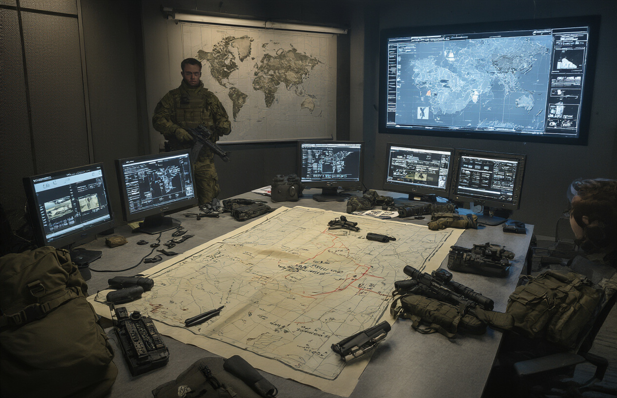Create a realistic image of a tactical military briefing room with detailed mission maps and strategic documents spread across a large table, featuring military equipment like night vision goggles, tactical gear, and communication devices, with a large digital screen displaying mission waypoints and objectives, dimly lit with focused task lighting creating a serious operational atmosphere, showing the planning phase of a covert special operations mission, absolutely NO text should be in the scene.