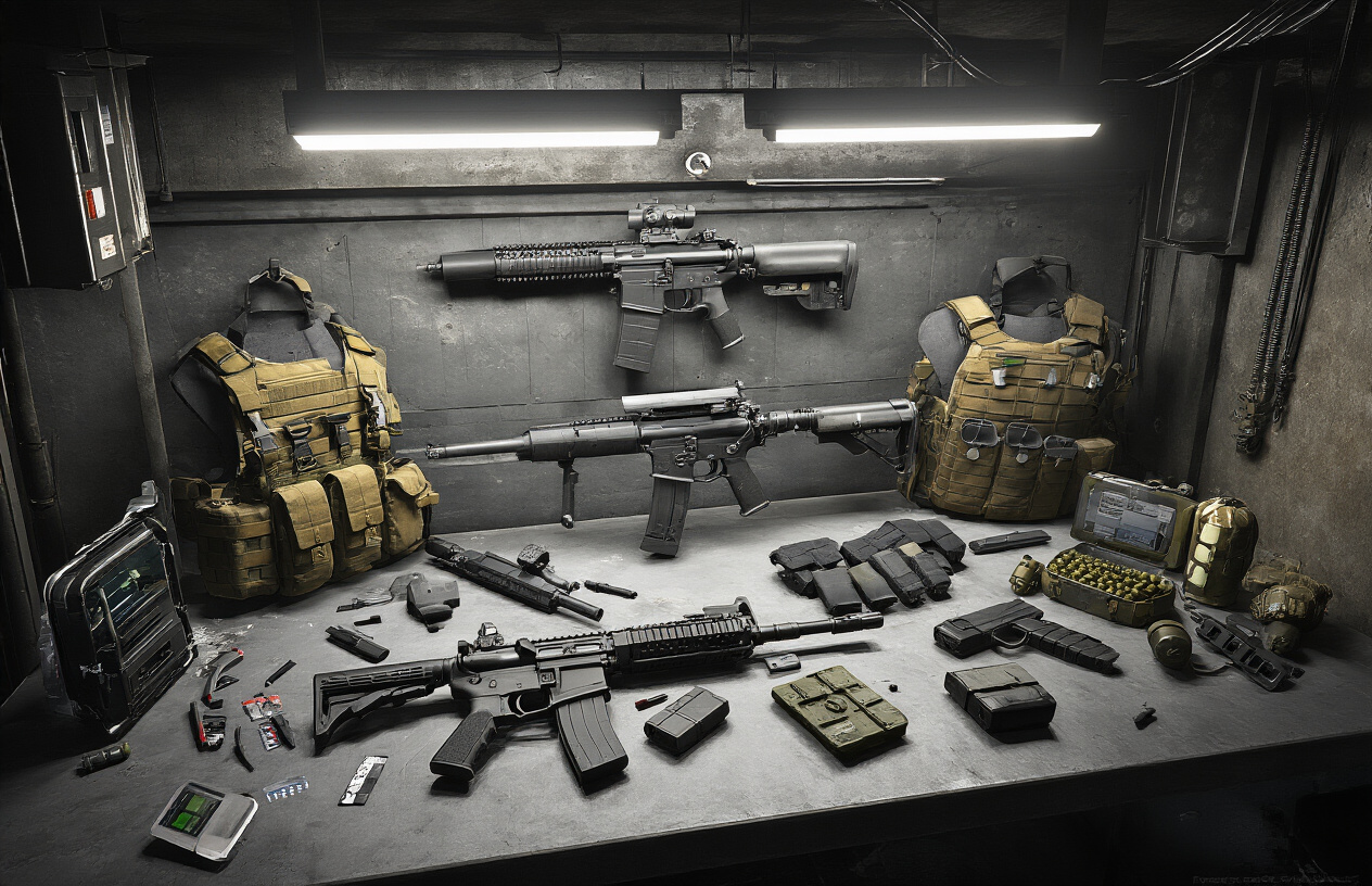 Create a realistic image of a tactical military workbench displaying various high-tech weapons and equipment including assault rifles, tactical gear, armor pieces, grenades, and electronic devices with upgrade components and modification parts scattered around, set in a dimly lit underground bunker environment with metal surfaces and industrial lighting casting dramatic shadows, showing a sophisticated military equipment customization station. Absolutely NO text should be in the scene.