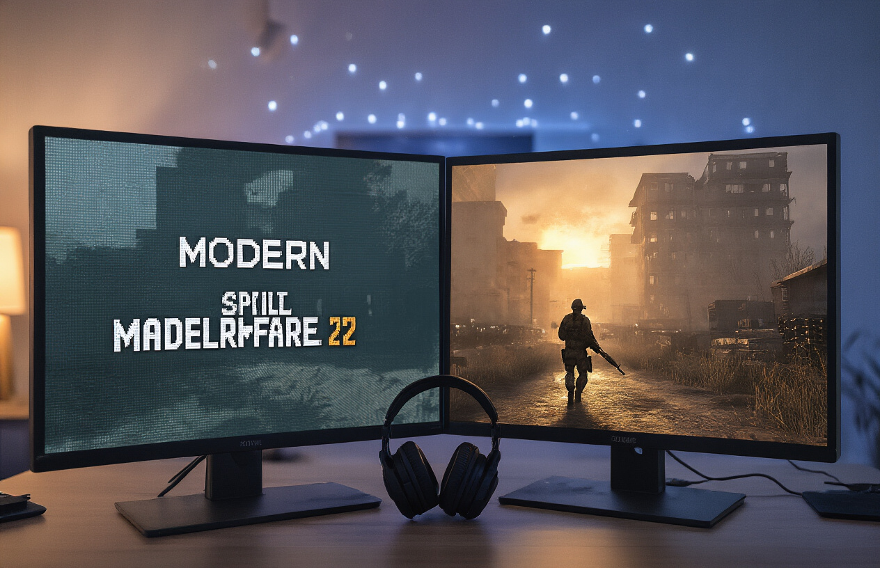 Create a realistic image of a split-screen comparison showing the same Modern Warfare 2 game scene on two gaming monitors side by side, with the left monitor displaying pixelated graphics and muted colors representing the original version, and the right monitor showing crisp high-definition graphics with enhanced lighting and vibrant colors representing the remastered version, set in a dimly lit gaming room with subtle blue LED backlighting, gaming headphones resting between the monitors, creating a dramatic contrast that highlights the visual improvements, absolutely NO text should be in the scene.