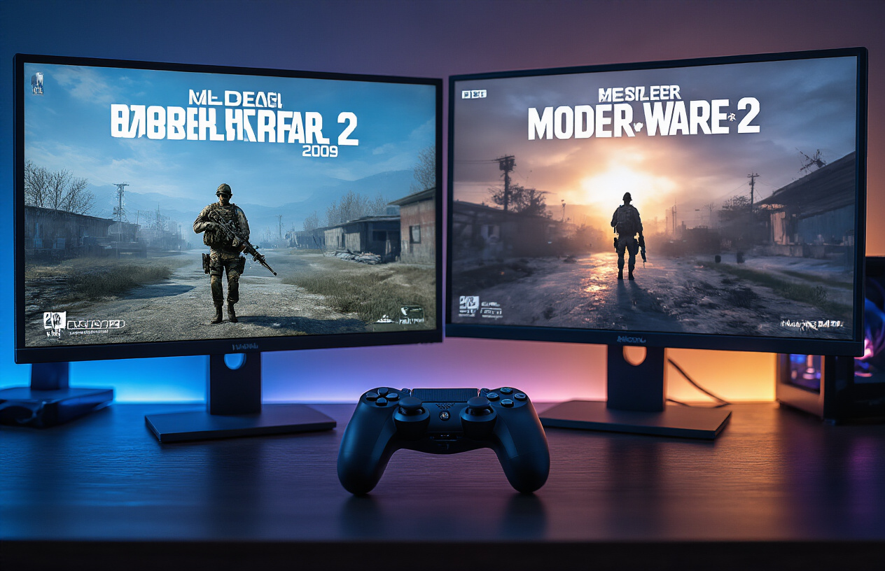 Create a realistic image of two side-by-side gaming monitors displaying Modern Warfare 2 gameplay footage, one showing the original 2009 version with slightly pixelated graphics and the other showing the remastered version with enhanced textures and lighting, both screens showing the same campaign scene for direct comparison, a wireless gaming controller resting on a dark wooden desk between the monitors, subtle blue LED lighting from a gaming PC setup in the background, modern gaming setup atmosphere with clean organized desk space, soft ambient lighting creating a focused gaming environment, absolutely NO text should be in the scene.