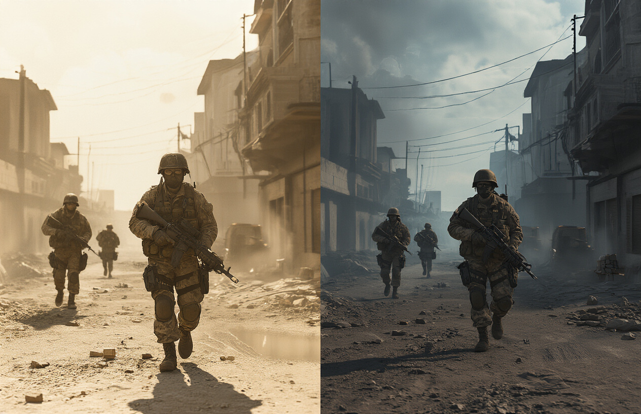 Create a realistic image of a split-screen comparison showing two versions of the same military scene - on the left side, a grainy, lower-resolution depiction of soldiers in combat gear in a war-torn urban environment with basic lighting and textures, and on the right side, the same scene but with enhanced cinematic quality featuring crisp details, dramatic lighting with realistic shadows and reflections, improved smoke and particle effects, and ultra-high definition textures on buildings and equipment, showcasing the visual upgrade between original and remastered versions, with moody atmospheric lighting and a cinematic color palette, absolutely NO text should be in the scene.