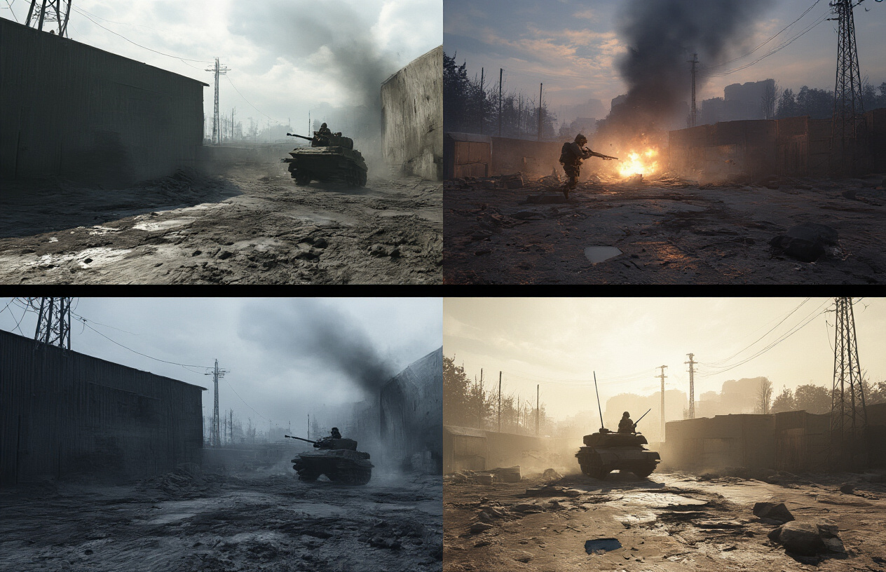 Create a realistic image of a split-screen comparison showing two different video game environments side by side, with the left side displaying a more detailed, enhanced military battlefield with improved textures and lighting, while the right side shows the same scene but with older, less detailed graphics and missing environmental elements like debris or background objects, set against a dark military base atmosphere with dramatic lighting highlighting the visual differences between the two versions, absolutely NO text should be in the scene.