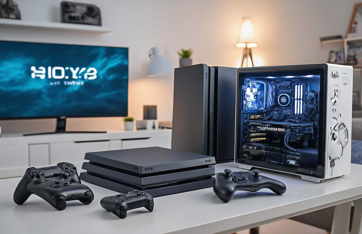 Create a realistic image of multiple gaming platforms including a PlayStation 4 console, Xbox One console, and a modern gaming PC setup arranged on a sleek desk, with game controllers placed nearby, showing the accessibility of gaming across different devices, set against a clean modern gaming room background with soft ambient lighting, conveying convenience and choice for gamers, absolutely NO text should be in the scene.