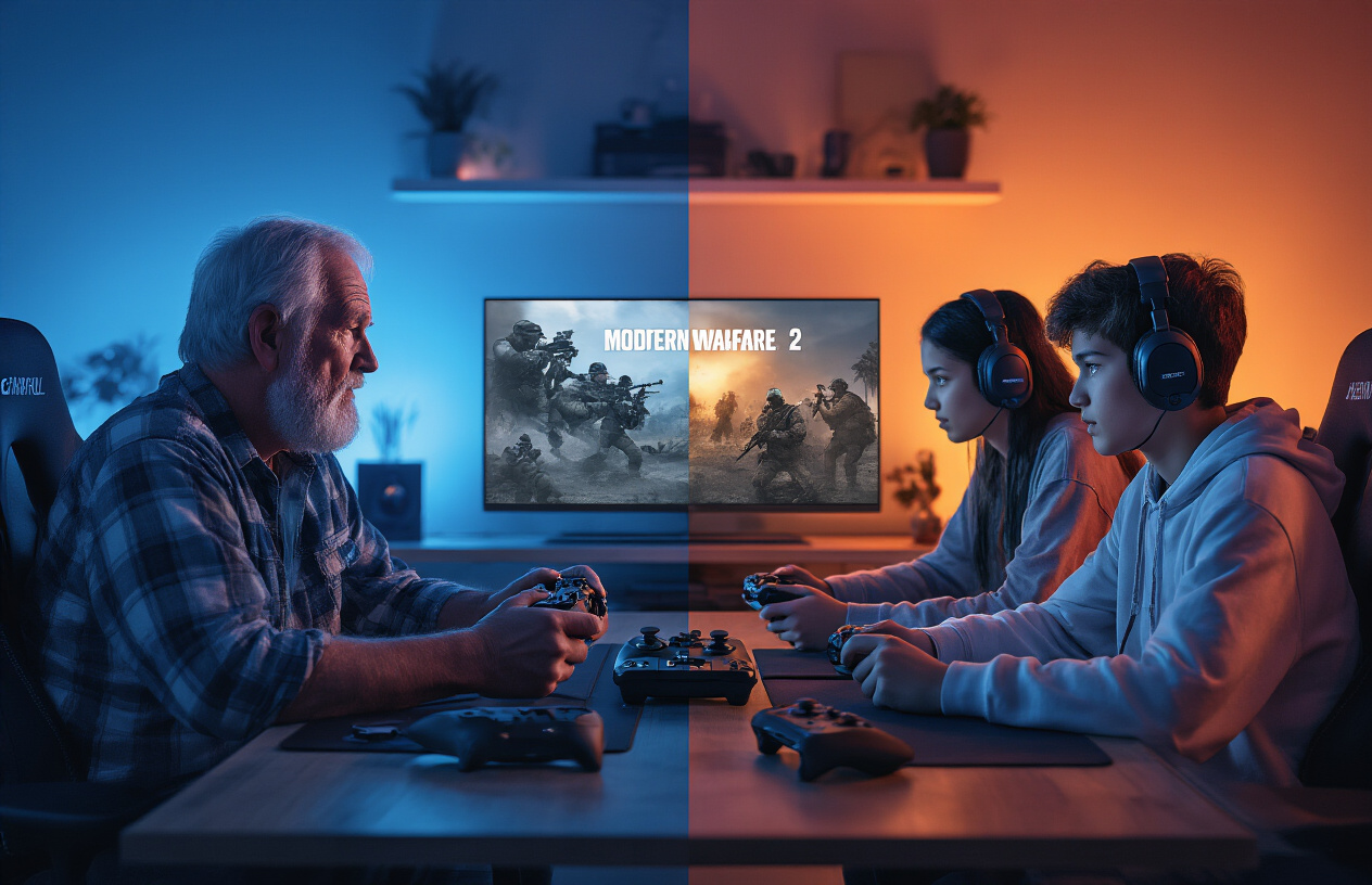 Create a realistic image of a split-screen comparison showing different types of gamers engaging with Modern Warfare 2, with one side featuring a nostalgic older white male gamer in his 30s holding a controller and looking at a screen displaying classic MW2 original graphics, and the other side showing a younger diverse group including a black female and white male teenager examining remastered high-definition game visuals on a modern gaming setup, with gaming peripherals, headsets, and consoles visible on both sides, set in a dimly lit gaming room with blue and orange ambient lighting creating a contrasting atmosphere that highlights the value differences between original and remastered versions, absolutely NO text should be in the scene.