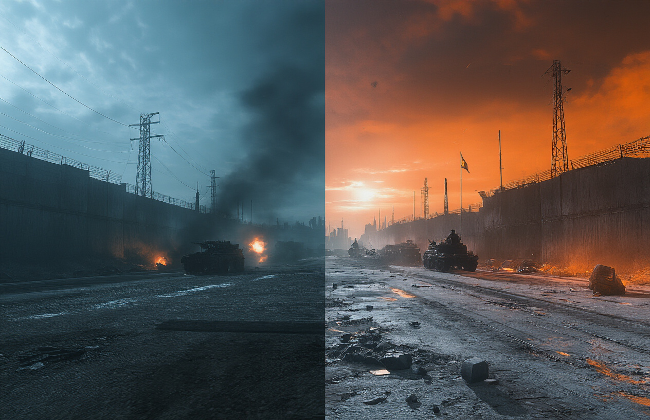Create a realistic image of a split-screen comparison showing the same iconic Modern Warfare 2 scene rendered in both original 2009 graphics on the left side and remastered high-definition graphics on the right side, featuring a dramatic battlefield environment with enhanced lighting, textures, and visual effects in the remastered version, set against a dark military backdrop with subtle orange and blue lighting contrasts, conveying a sense of technological advancement and gaming evolution, absolutely NO text should be in the scene.