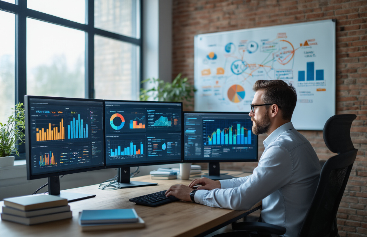 Create a realistic image of a white male professional in his 30s sitting at a modern desk with multiple computer monitors displaying colorful data visualizations, SEO analytics dashboards, and semantic keyword mapping diagrams, surrounded by books about digital marketing and SEO strategy, with a whiteboard in the background showing interconnected semantic keyword clusters and search intent flowcharts, in a contemporary office setting with natural lighting from large windows, conveying a focused and analytical atmosphere. Absolutely NO text should be in the scene.