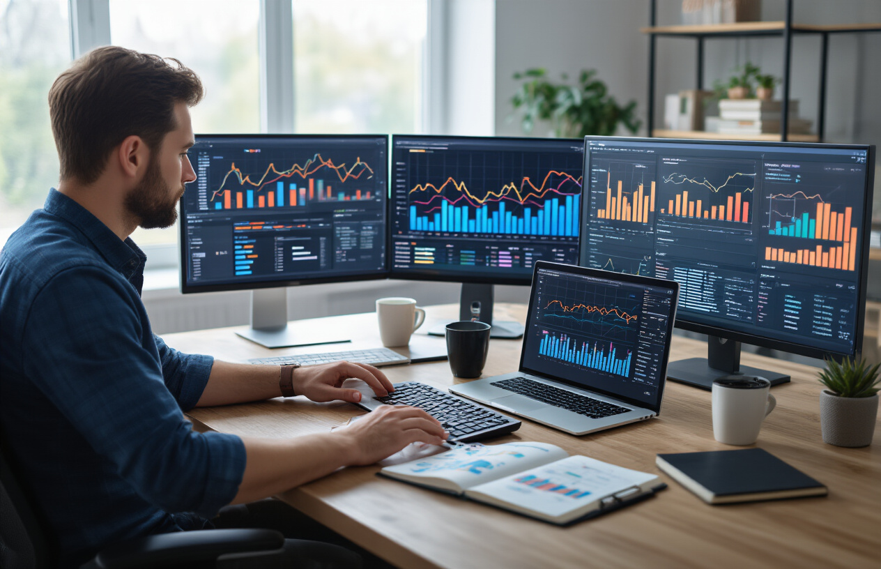 Create a realistic image of a professional white male digital marketer at his modern office desk analyzing SEO data on multiple computer monitors, with colorful charts and graphs displaying upward trending keyword rankings and search performance metrics, surrounded by notebooks with semantic keyword research, in a clean contemporary workspace with natural lighting from a window, conveying success and expertise in digital marketing, absolutely NO text should be in the scene.