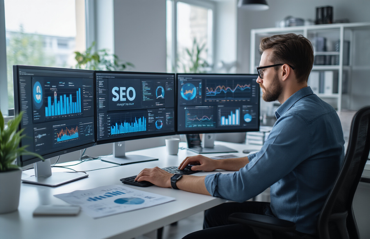 Create a realistic image of a modern office workspace with multiple computer monitors displaying advanced SEO analytics dashboards, keyword research tools, and website performance graphs, featuring a professional white male SEO expert working at a sleek desk with semantic search strategy documents, technical SEO charts, and ranking analysis reports spread across the workspace, surrounded by subtle tech elements like servers or data visualization screens in a clean, well-lit contemporary office environment with natural lighting from windows, conveying expertise and advanced digital marketing methodology, absolutely NO text should be in the scene.