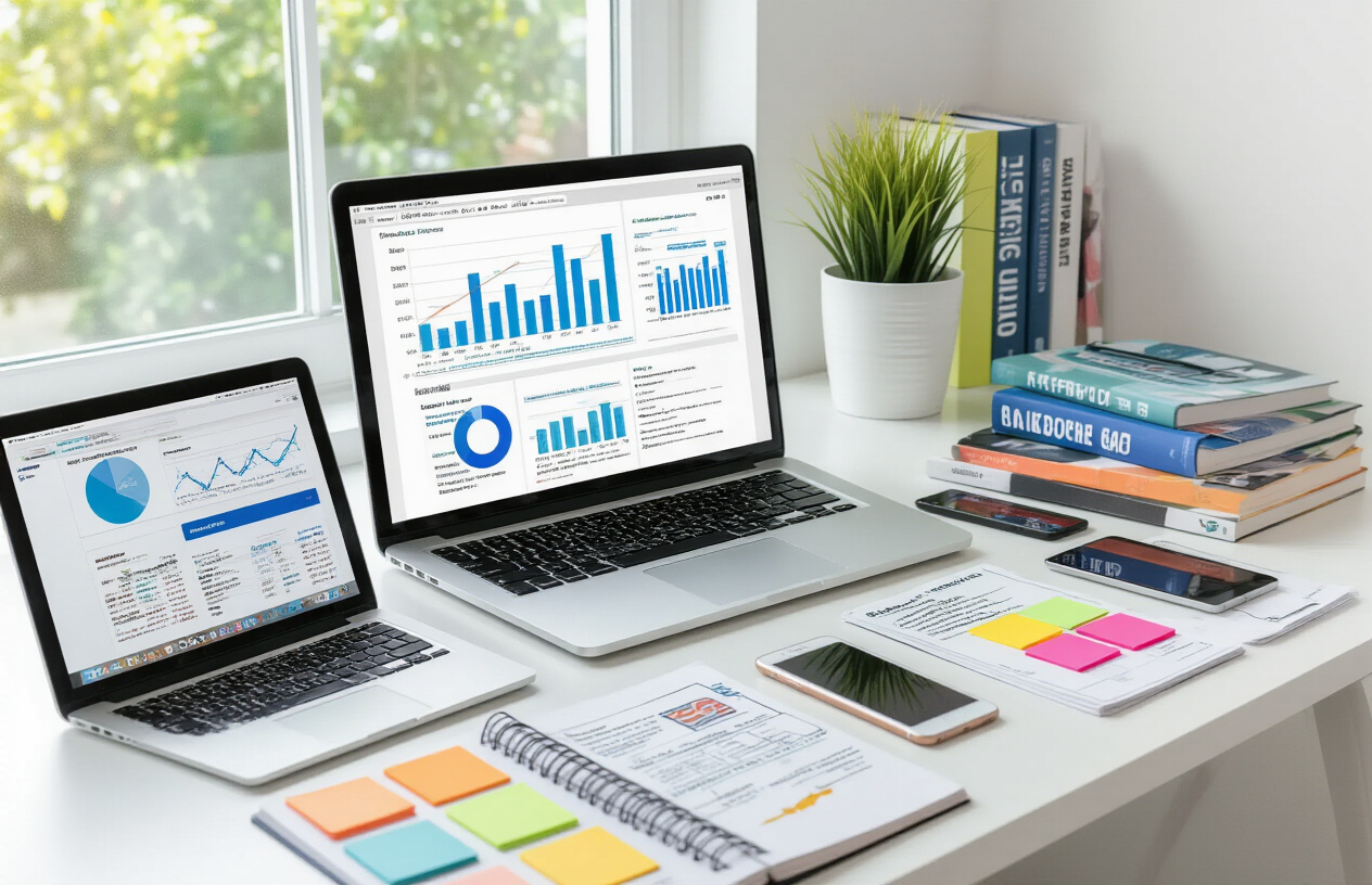 Create a realistic image of a modern workspace desk setup featuring multiple digital devices including a laptop computer displaying analytics dashboards, a tablet showing SEO tools interface, and a smartphone, surrounded by essential SEO resources such as notebooks with handwritten notes, printed keyword research reports, colorful sticky notes, and reference books about digital marketing, all arranged on a clean white desk with soft natural lighting from a nearby window, creating a professional and organized atmosphere that represents digital marketing tools and resources. Absolutely NO text should be in the scene.