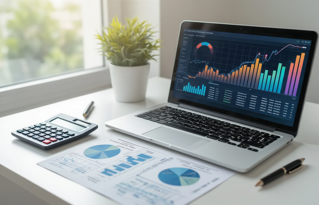 Create a realistic image of a modern office desk with a laptop computer displaying colorful upward trending graphs and analytics charts, surrounded by SEO performance reports and data sheets showing ranking improvements, with a calculator and pen nearby, set against a clean white background with soft natural lighting from a window, conveying a professional and successful business atmosphere. Absolutely NO text should be in the scene.