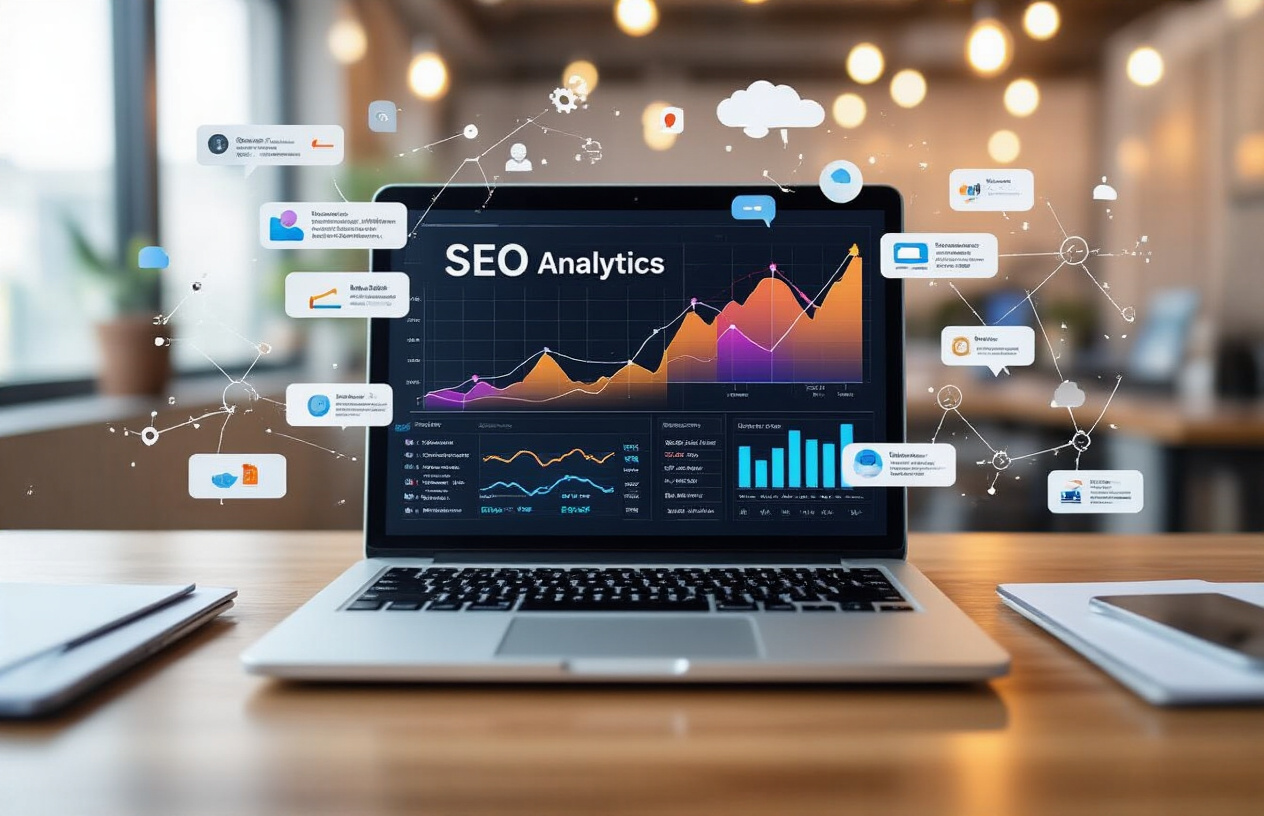 Create a realistic image of a modern professional office setup with a sleek laptop displaying colorful SEO analytics graphs and rising trend arrows on the screen, surrounded by digital marketing elements like search result snippets floating in the air, keyword clouds, and interconnected semantic web diagrams, with warm ambient lighting creating a successful and innovative atmosphere, shot from a slight overhead angle to showcase the workspace, absolutely NO text should be in the scene.