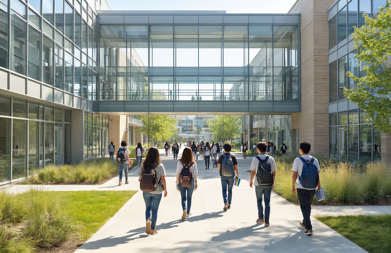Create a realistic image of a modern university campus building with glass windows and contemporary architecture, showing students of diverse backgrounds (white, black, Asian male and female students) walking with backpacks and books near the entrance, with a clean academic environment featuring well-maintained pathways, green landscaping, and bright natural daylight creating a welcoming educational atmosphere, absolutely NO text should be in the scene.