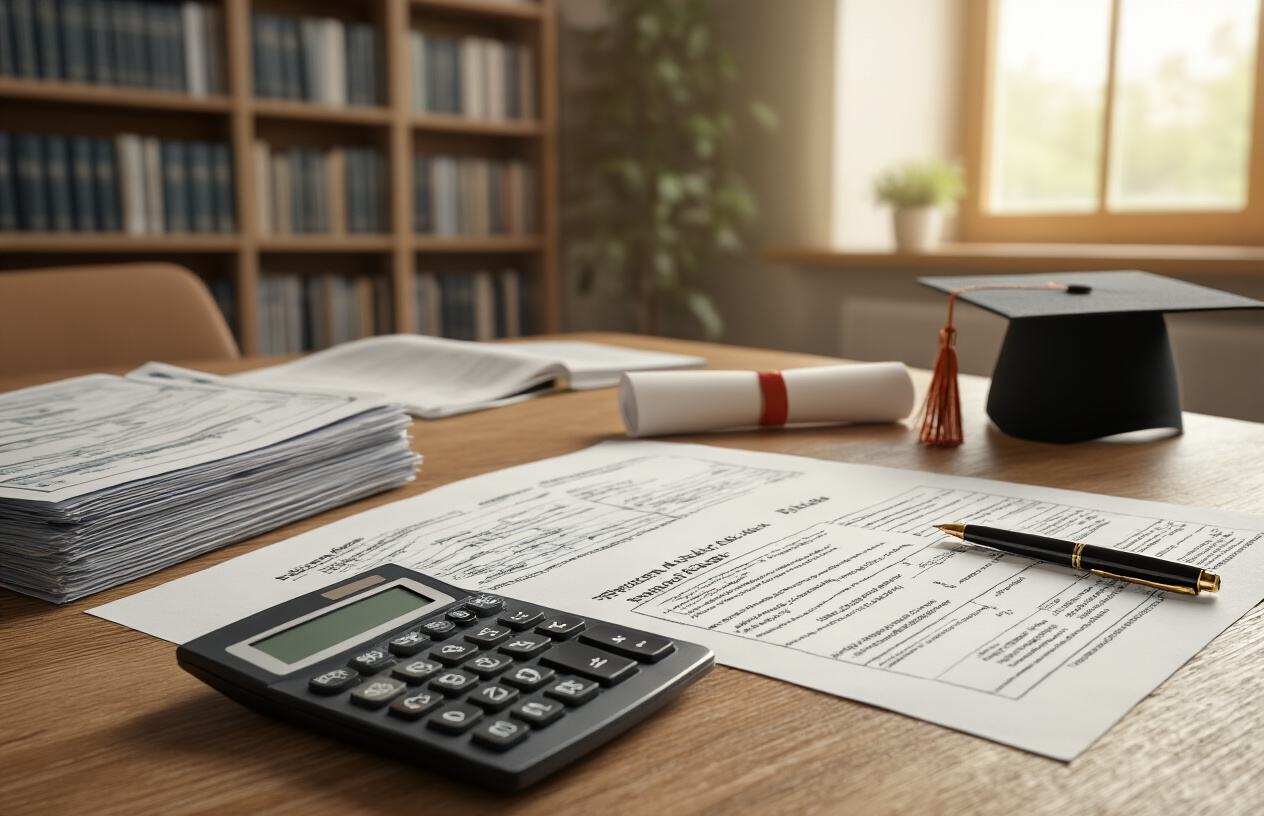Create a realistic image of a modern university administrative office with financial documents and fee structure papers spread across a wooden desk, a calculator and pen nearby, graduation cap and diploma certificates visible in the background, warm office lighting with bookshelves containing academic textbooks, professional academic atmosphere with soft natural light coming through a window, Absolutely NO text should be in the scene.