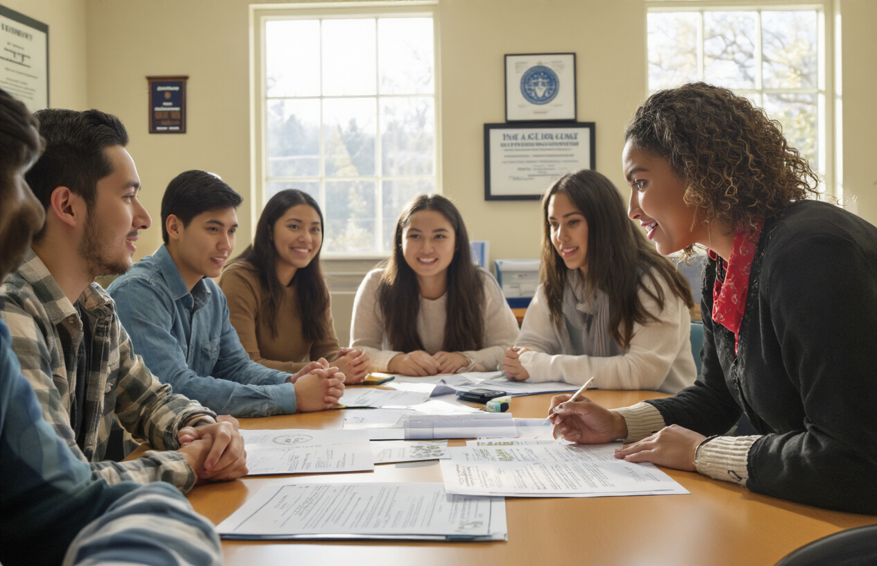 Create a realistic image of a diverse group of college students including white, black, and Asian male and female students sitting around a table in a university financial aid office, with documents and forms spread on the desk, a female counselor of mixed ethnicity explaining scholarship opportunities, diploma certificates and award symbols visible on the office walls, warm natural lighting from windows, professional yet welcoming atmosphere, students looking hopeful and engaged, modern university interior setting with academic decor, absolutely NO text should be in the scene.