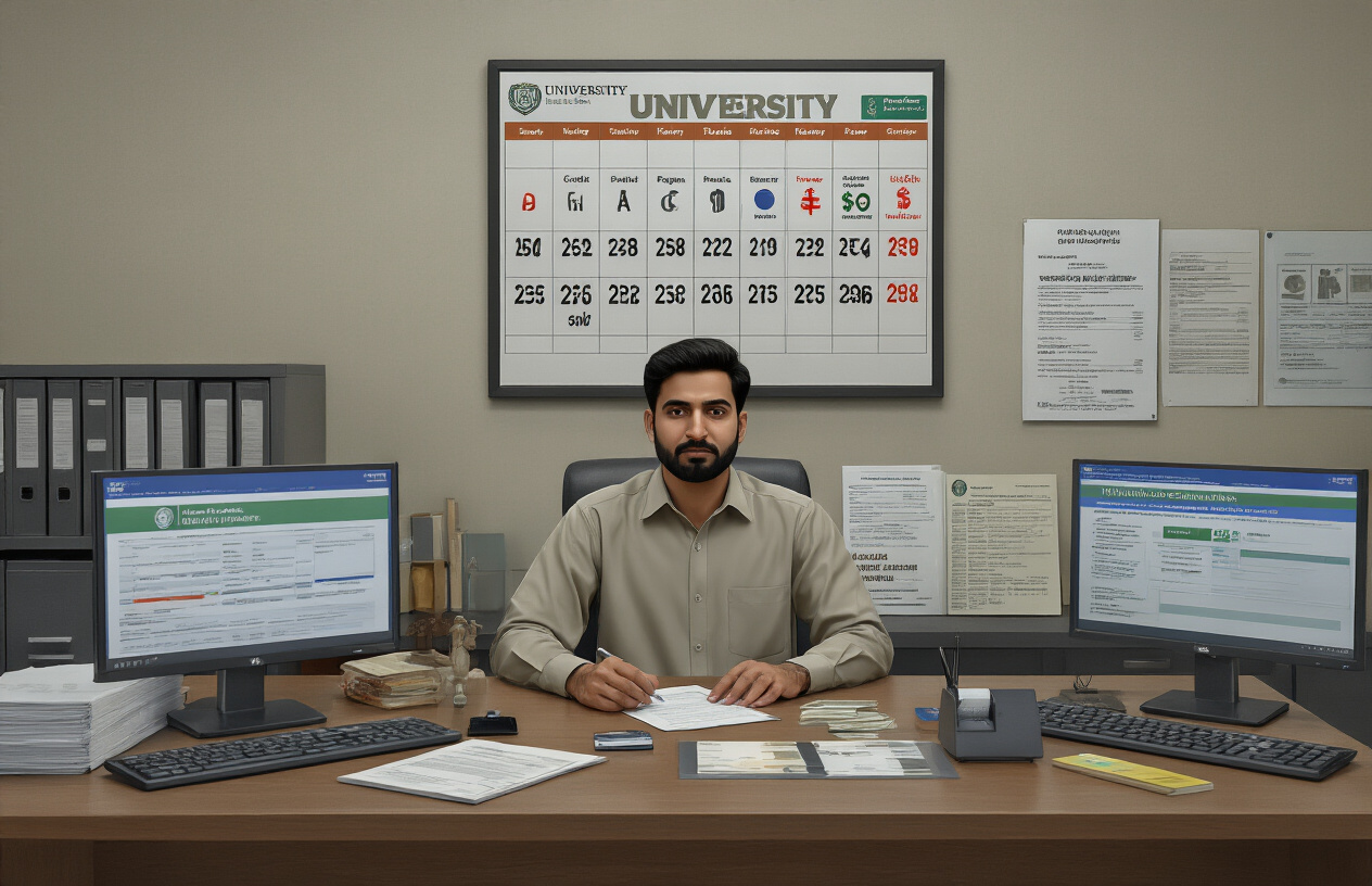 Create a realistic image of a modern university payment counter or financial aid office with a Pakistani male staff member behind the desk, multiple payment options displayed including credit cards, bank transfer symbols, and cash, a large wall calendar showing deadline dates, official university documents and fee schedules on the desk, computer screens showing payment interfaces, professional office lighting, clean organized environment with filing cabinets in the background, and a welcoming academic atmosphere, absolutely NO text should be in the scene.