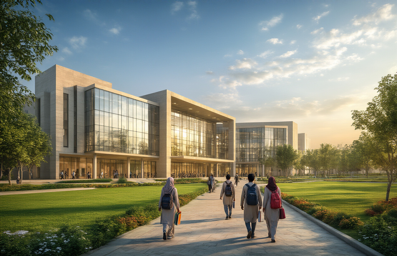 Create a realistic image of a modern Pakistani university campus with students walking towards the main administrative building, featuring contemporary architecture with glass facades and landscaped grounds, Pakistani male and female students carrying books and backpacks in the foreground, warm golden hour lighting creating a hopeful and academic atmosphere, clear blue sky with some clouds, well-maintained pathways and green lawns, absolutely NO text should be in the scene.