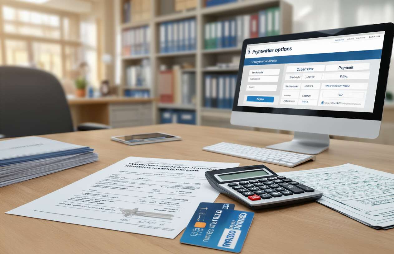 Create a realistic image of a modern university administrative office with a desk displaying organized fee structure documents, payment cards, and a calculator, with a computer screen showing payment options, set against a professional academic environment with university brochures and filing cabinets in the background, featuring warm office lighting and a clean, organized atmosphere. Absolutely NO text should be in the scene.