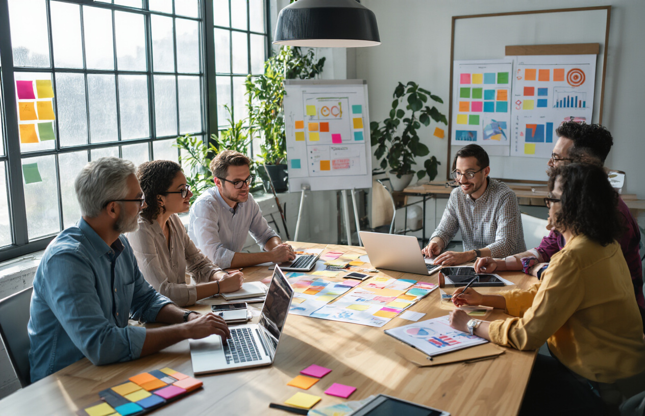 Create a realistic image of a diverse group of professionals sitting around a modern conference table with laptops, tablets, and notebooks, brainstorming and discussing brand strategy, with colorful sticky notes, brand mood boards, and goal-setting charts spread across the table, in a bright contemporary office space with large windows providing natural lighting, creating a focused and collaborative atmosphere. Absolutely NO text should be in the scene.