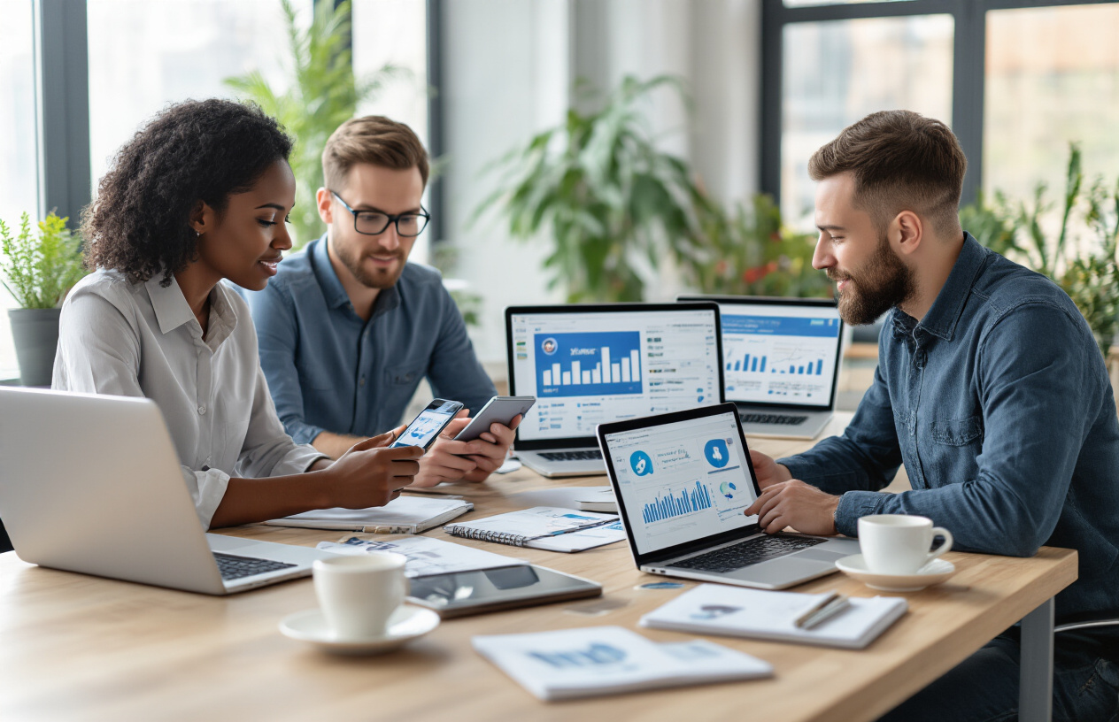 Create a realistic image of a diverse group of professionals working on social media strategy at a modern office table, featuring a black female and white male looking at multiple smartphones and tablets displaying various social media platform interfaces, with laptops open showing analytics dashboards, surrounded by notebooks and coffee cups, bright natural lighting from large windows, contemporary office setting with plants in the background, energetic and focused atmosphere as they collaborate on digital marketing campaigns, absolutely NO text should be in the scene.